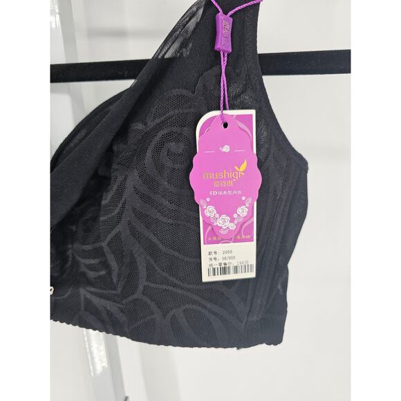 Mushigi Womens Sz 38D Unlined T Shirt Bra Solid Black Lace NEW - Picture 2 of 3